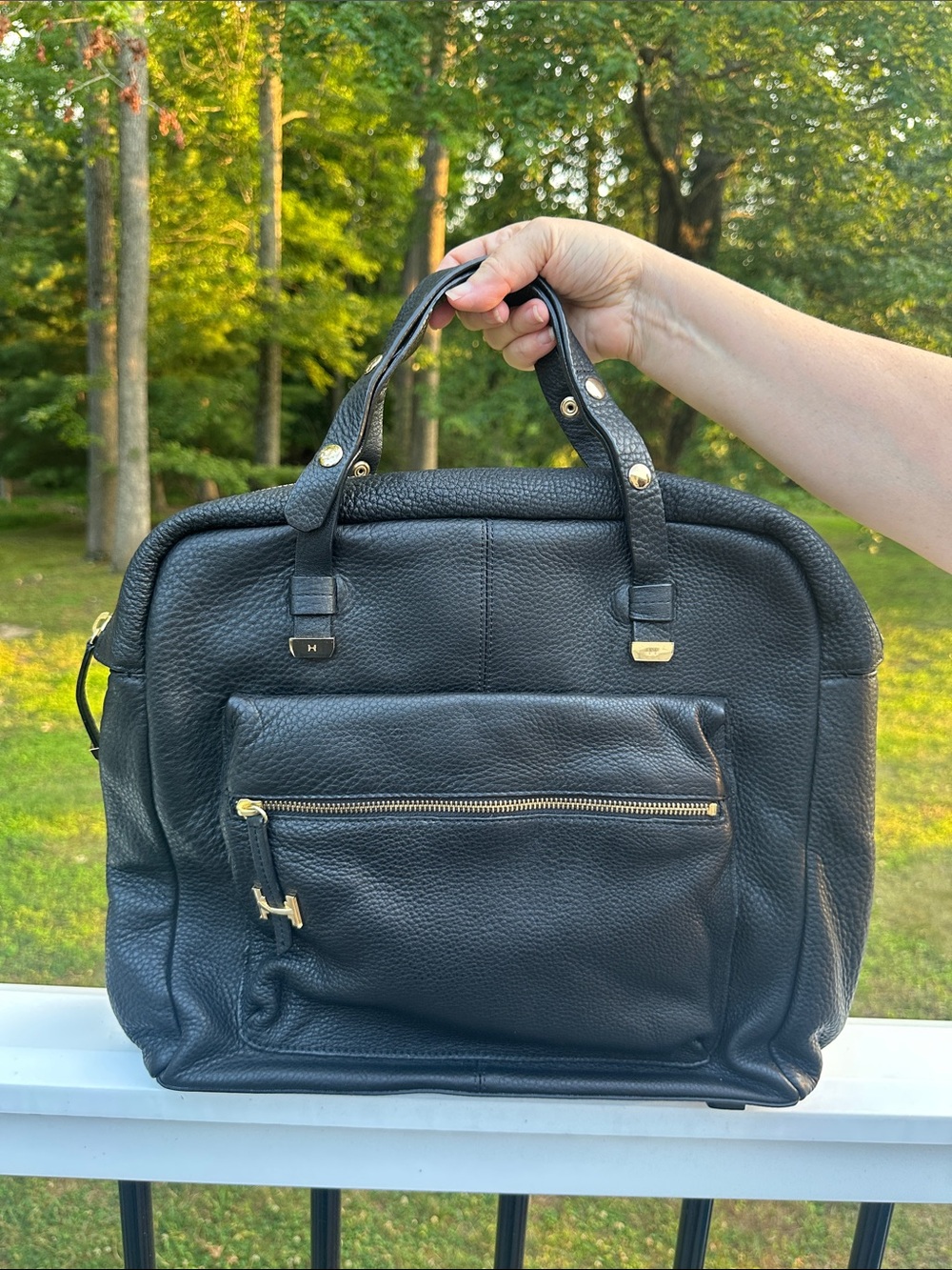 H by Halston Black Pebbled Leather Tote with Gold Hardware